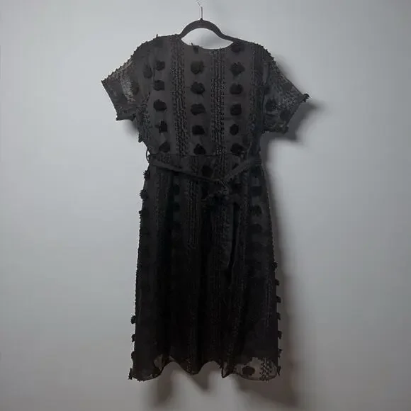 Baltic Born Darby Floral Dot Midi Dress Size Large Black Sheer Belted NWT A-Line - Picture 2 of 10